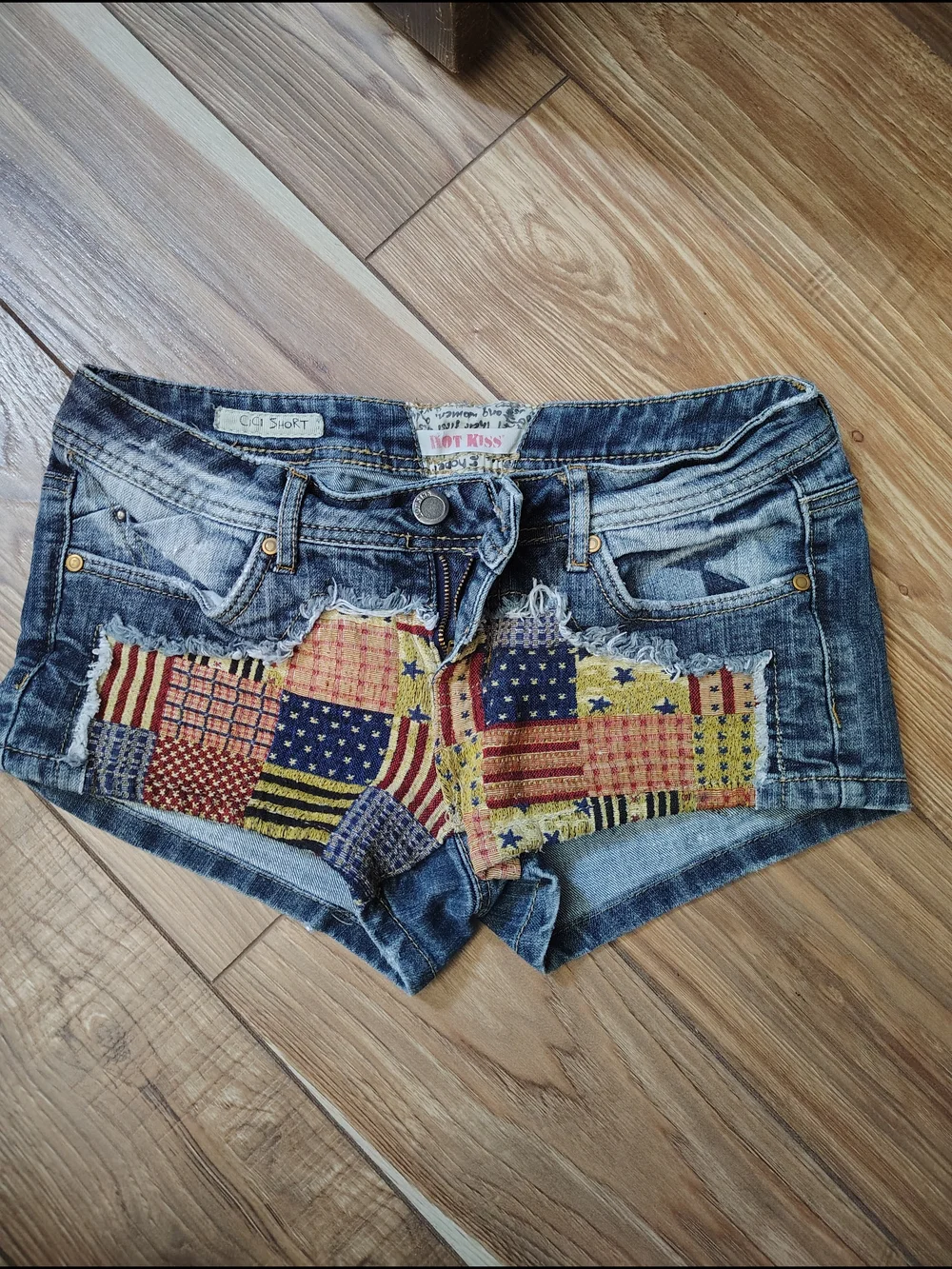Hot Kiss Distressed Denim Jean Shorts with Patchwork - Picture 1 of 5
